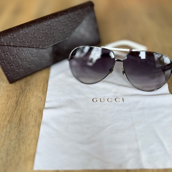 Gucci White Frame Gradient Lens Aviator Mens Sunglasses - Picture 1 of 12